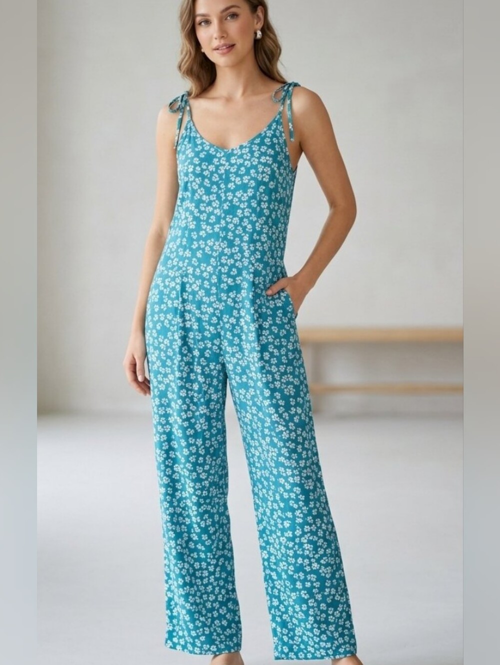 Lillusory Turquoise Floral Tie-Strap Jumpsuit